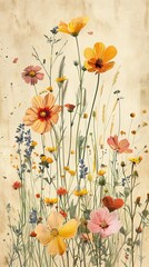 A vintage botanical illustration highlights delicate wildflowers in a sunlit field, exuding old-fashioned garden charm.