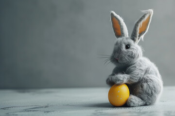 Cute Easter gray bunny wirh yellow egg on a gray background