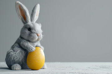 Fototapeta na wymiar Cute Easter gray bunny wirh yellow egg on a gray background