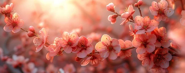 Fotobehang Serene spring landscape adorned with soft-focus flowers, vintage floral beauty in warm sunlight exudes rustic charm. © Fokasu Art