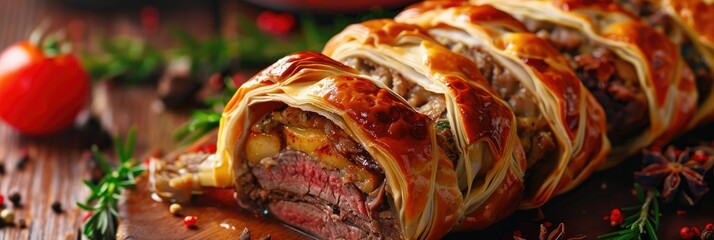 Gourmet beef wellington with delicious fillings - Gourmet beef wellington with intricate layers and savory fillings demonstrated in a high-quality, appetizing food shot - obrazy, fototapety, plakaty