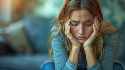 Emotional Stress: Blonde Woman in Blue Jumper with Head in Hands, Mental Health Concept