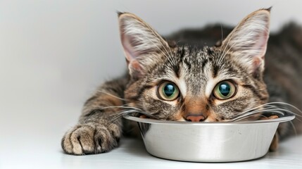 Curious Cat: Mischief in the Eyes, Portrait with Face in Food Bowl, Grey Studio Background