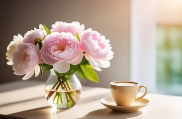 White and light pink peonies bouquet in vase glass with mug cup of coffee latte cappuccino sun light window modern interrior bokeh spring