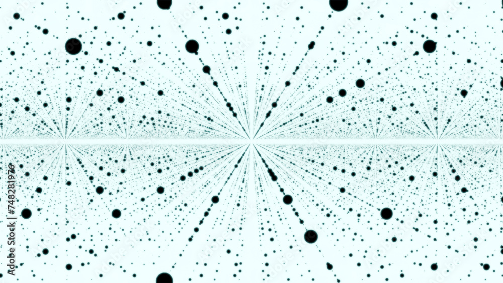Poster flying inside abstract space with rows of flying dots. animation. endless quantity of levitating sph