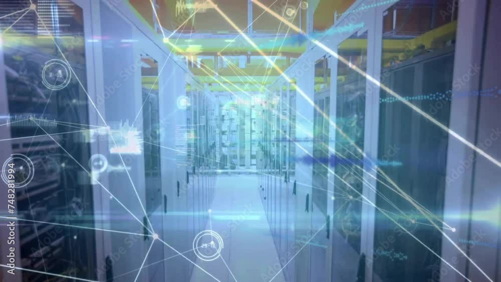 Poster animation of network of connections with digital data processing over computer servers