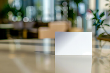 Empty blank card on table with blurry background of reception room