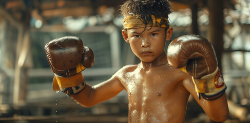 "Little Thai Sweaty Warrior: Gloves, Intense Gaze. A young boxer's determination shines as he faces the camera from the ring, sweat glistening on his gloves. Active sporty kids hard work concept.