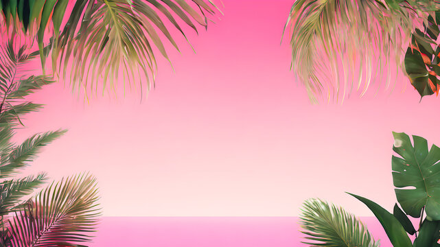 Tropical palm leaves on pink background. Summer concept.