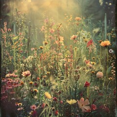 Fototapeta na wymiar The sunlit field's vintage charm harmonizes delicate blooms and earthy tones in an old-fashioned garden.
