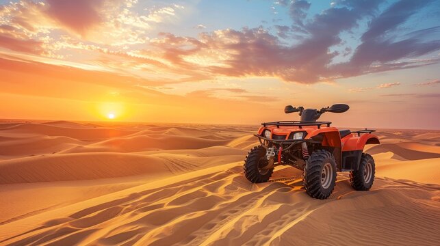 Off-road safari in the Empty Quarter Desert of the United Arab Emirates, featuring a quad bike navigating sand dunes during sunset
