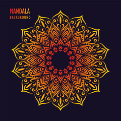 a gold mandala set against a black background. The mandala is intricate and detailed, with swirling floral patterns and geometric shapes