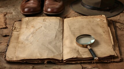 An opened old blank book, magnifying glass, detective hat, and shoes on a brown background evoke a retro, vintage English style, suggesting an evidence-searching concept with space for text - obrazy, fototapety, plakaty