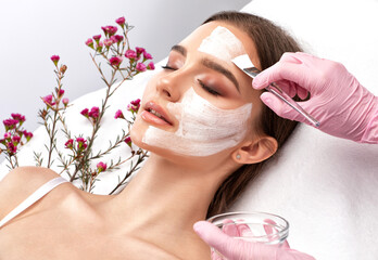 Beautician makes a face mask to rejuvenate the skin. Cosmetology treatment of problem skin on the face and body.