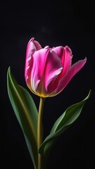 Fresh spring pink flowers tulip on black solid backgroung free space for text green leaves march 8 mother's day botany floral