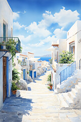 Watercolor painting of greek small town