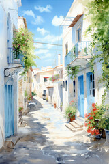 Fototapeta na wymiar Watercolor painting of greek small town