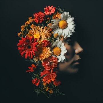 Mental Health Concept: Woman with Sunflowers, Half-Head Portrait, Black Background