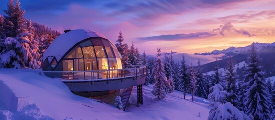 luxury modern glass igloo hotel with beautiful view on mountains - obrazy, fototapety, plakaty