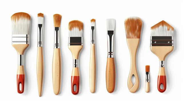 A collection of various clean paintbrushes against a white background