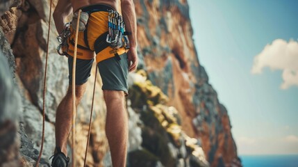Close up of rock climbing equipment on the man with rock on the background - obrazy, fototapety, plakaty