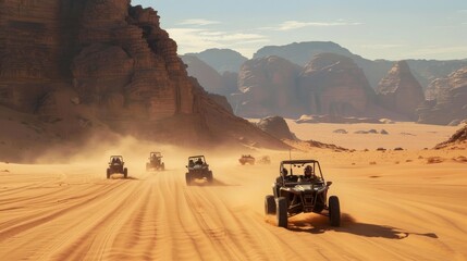 Several buggies traverse the vast expanse of the desert, kicking up sand as they race across the dunes