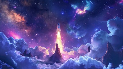 Rocket launch into a nebula-filled sky - A majestic space-themed image showcasing a rocket launch into a vibrant nebula