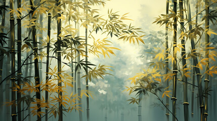 Tranquil bamboo forest, tall bamboo stalks create a dense and peaceful atmosphere