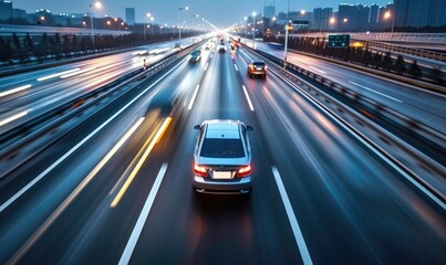 Fototapeta na wymiar Car driving on highway, motion blur effect