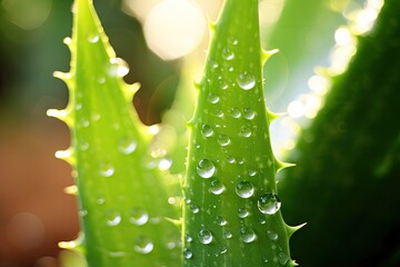 Aloe Vera Cosmetics Ingredient, Fresh Leaf of Aloe Vera in Farm Garden, Natural Sun Light Bokeh