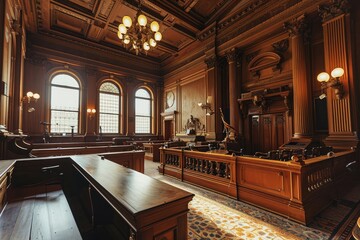American Courtroom, Empty Courthouse, Supreme Court of Law and Justice Trial Stand, Grand Wooden Interior - obrazy, fototapety, plakaty