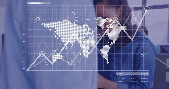 Animation of world map andata processing over biracial businesswoman using smartphone in office - Powered by Adobe
