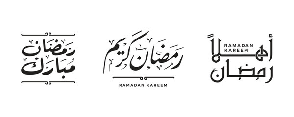 Arabic typography in multi styles for Ramadan Greeting, in elegant handwriting calligraphy. Translated: Happy, Holy Ramadan. Month of fasting for Muslims. - obrazy, fototapety, plakaty