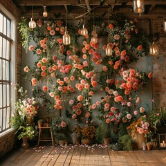 Fototapeta na wymiar Enchanting garden backdrop with delicate petals, soft light, and vintage floral design exudes serene beauty in a rustic setting.