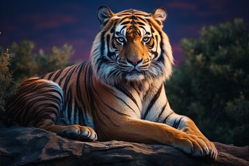 Majestic Tiger Perched on Rock, Tiger on the rock, tiger in the wild. Golden-Lit Tiger Amidst the Forest- Traditional Pose.