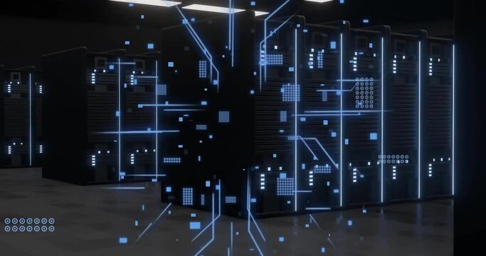 Animation of circuit board and digital data processing over computer servers