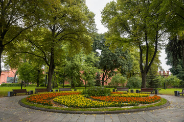 Flowerbed in Moscow Kremlin garden in summer.