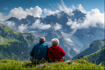 senior couple sitting in austrian alps and watching - obrazy, fototapety, plakaty