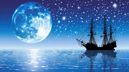 Silhouette of a sailing ship against the backdrop of the full moon.