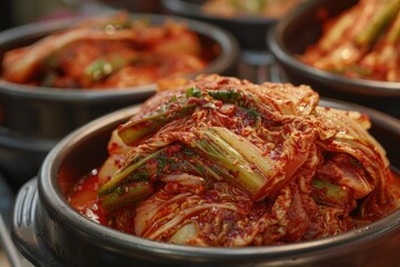 Traditional Korean kimchi in a pot - Spicy and seasoned Korean kimchi fermenting traditionally in stoneware pots, focused on chili-covered Napa cabbage - obrazy, fototapety, plakaty