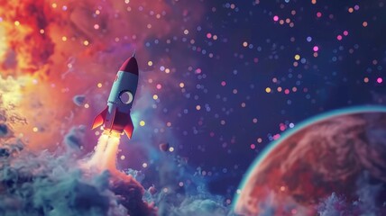 Vibrant rocket launching towards space - A digital image depicting a spaceship launching against a cosmic backdrop with stars and a planet in view