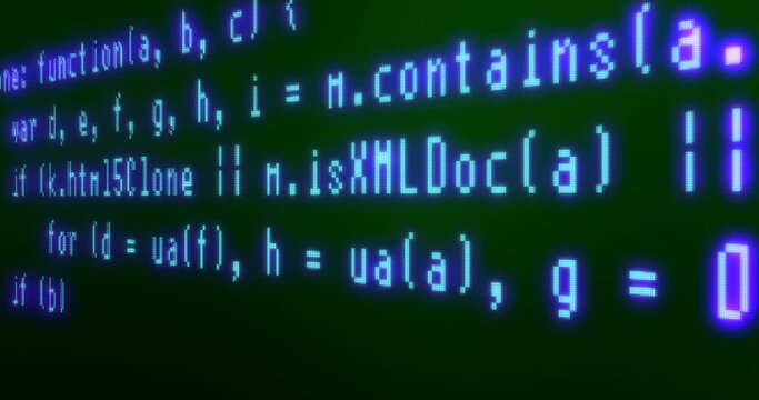 Close-up of lines of program code that appears on the screen. Glitch and zoom. Concept of writing a script, cyberspace, computer security.