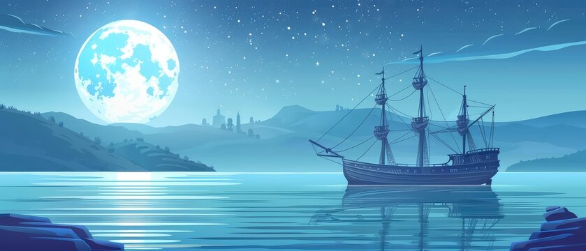 Silhouette of a sailing ship against the backdrop of the full moon.