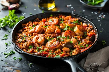 Spicy shrimp with vegetables in skillet - Spicy and colorful shrimp stir-fry with mixed vegetables in a black skillet, garnished with parsley and rich in texture