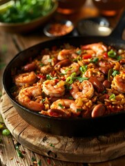 Spicy shrimp jambalaya in a frying pan - Tasty shrimp jambalaya with sausage and rice, cooked in Cajun spices, presented in a skillet on a wooden table