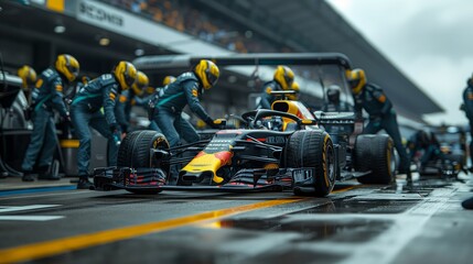 Professional pit crew ready for action as their teams created by ai