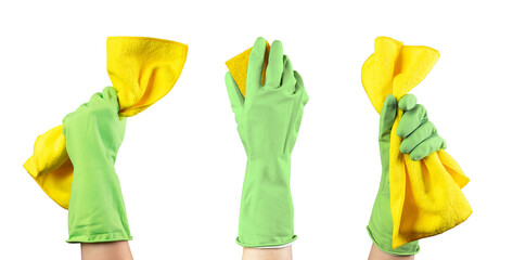 Hand in gloves holding yellow polishing microfiber wiper, clothes set, isolated on white