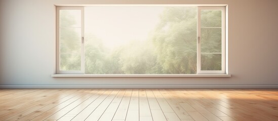 A simple and uncluttered room featuring a large window and a warm wooden floor. The space is devoid of furniture, creating a sense of openness and potential. Light filters in through the window,