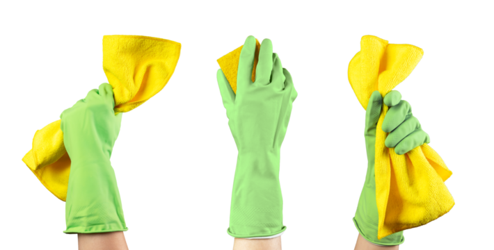 Hand in gloves holding yellow polishing microfiber wiper, clothes set, isolated on white