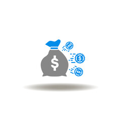Vector illustration of bag money with flying coins. Icon of capital expenditure. Symbol of financial spending of savings or budget.